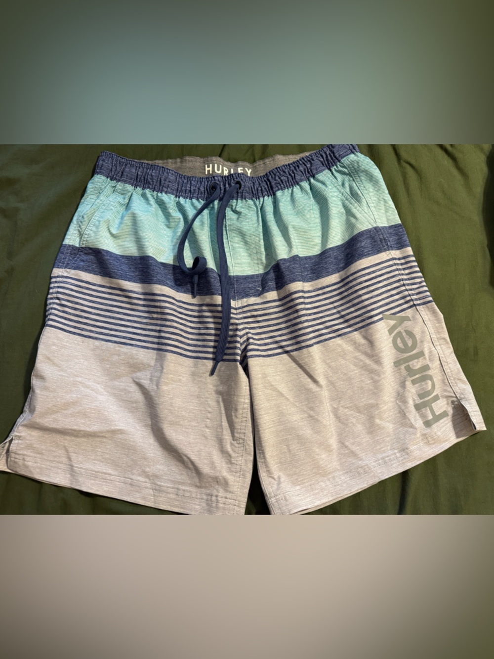Hurley Men’s Navy, Aqua & Light Gray Striped Swim Shorts